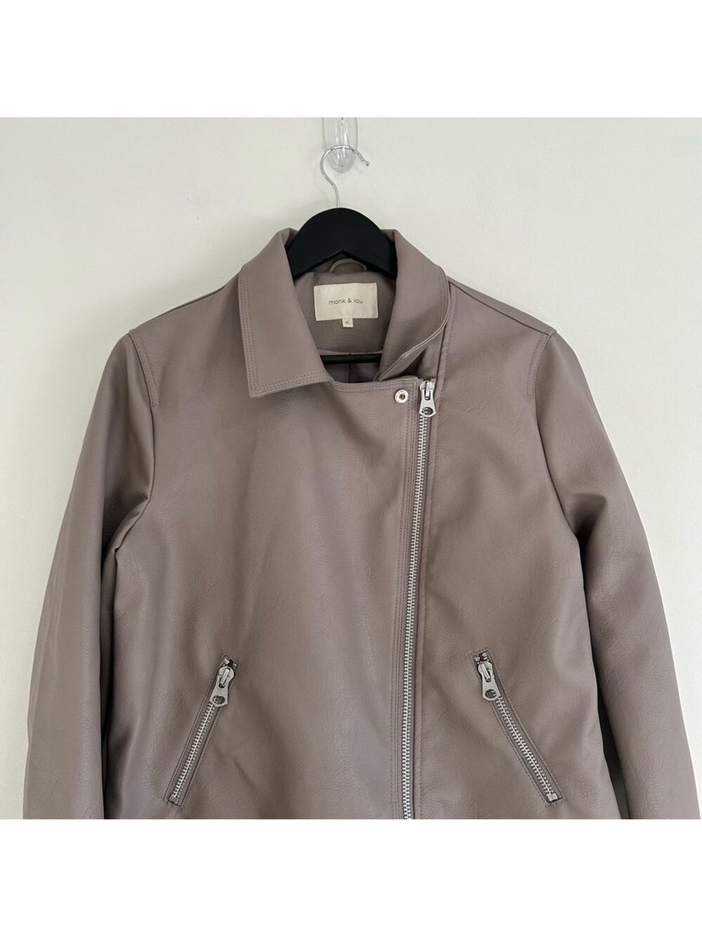 Monk & Lou Faux Leather Vegan Moto Jacket Size XL Taupe - Picture 10 of 14